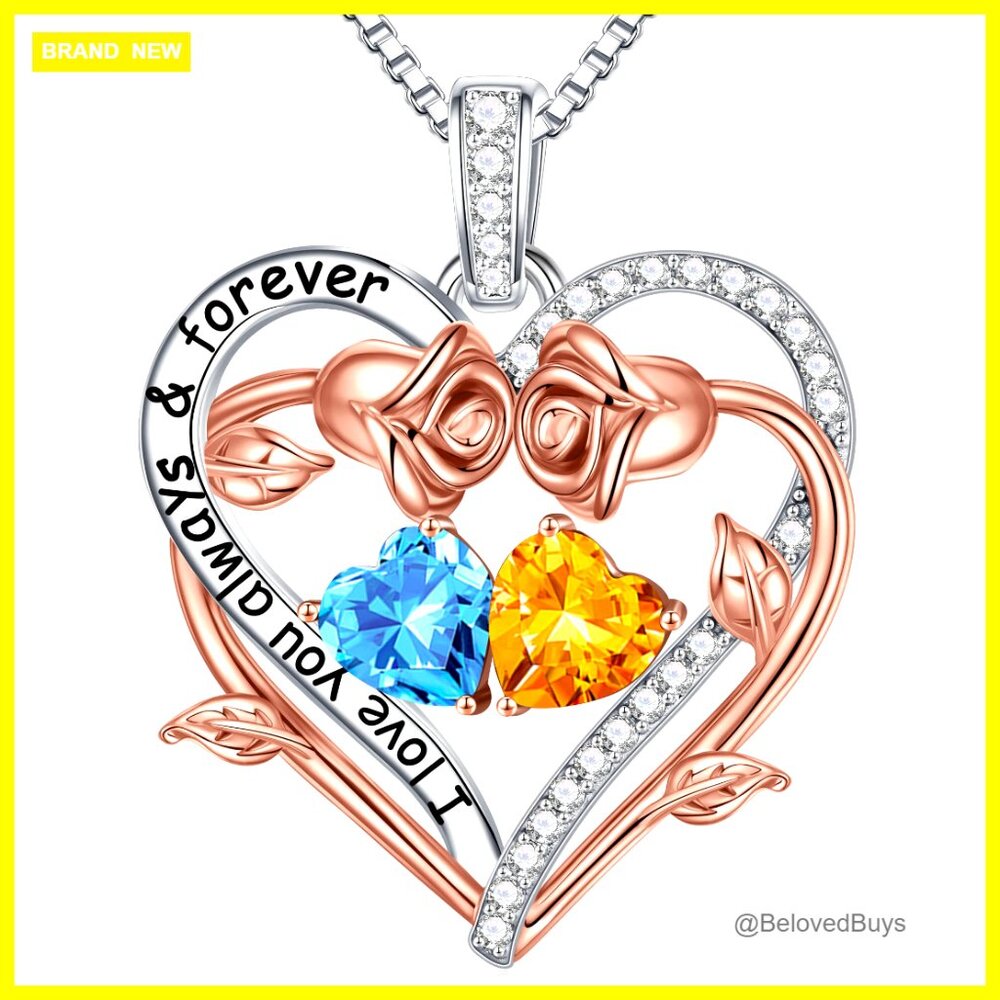 Sterling Silver Double Heart Birthstone Necklace Pendant Gift For Women